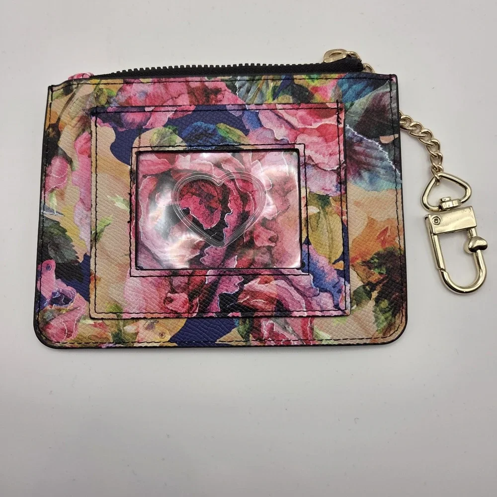 Betsey‎ Johnson Floral Card Holder Wallet Womens OS Pink Rose Gold Keychain Zip